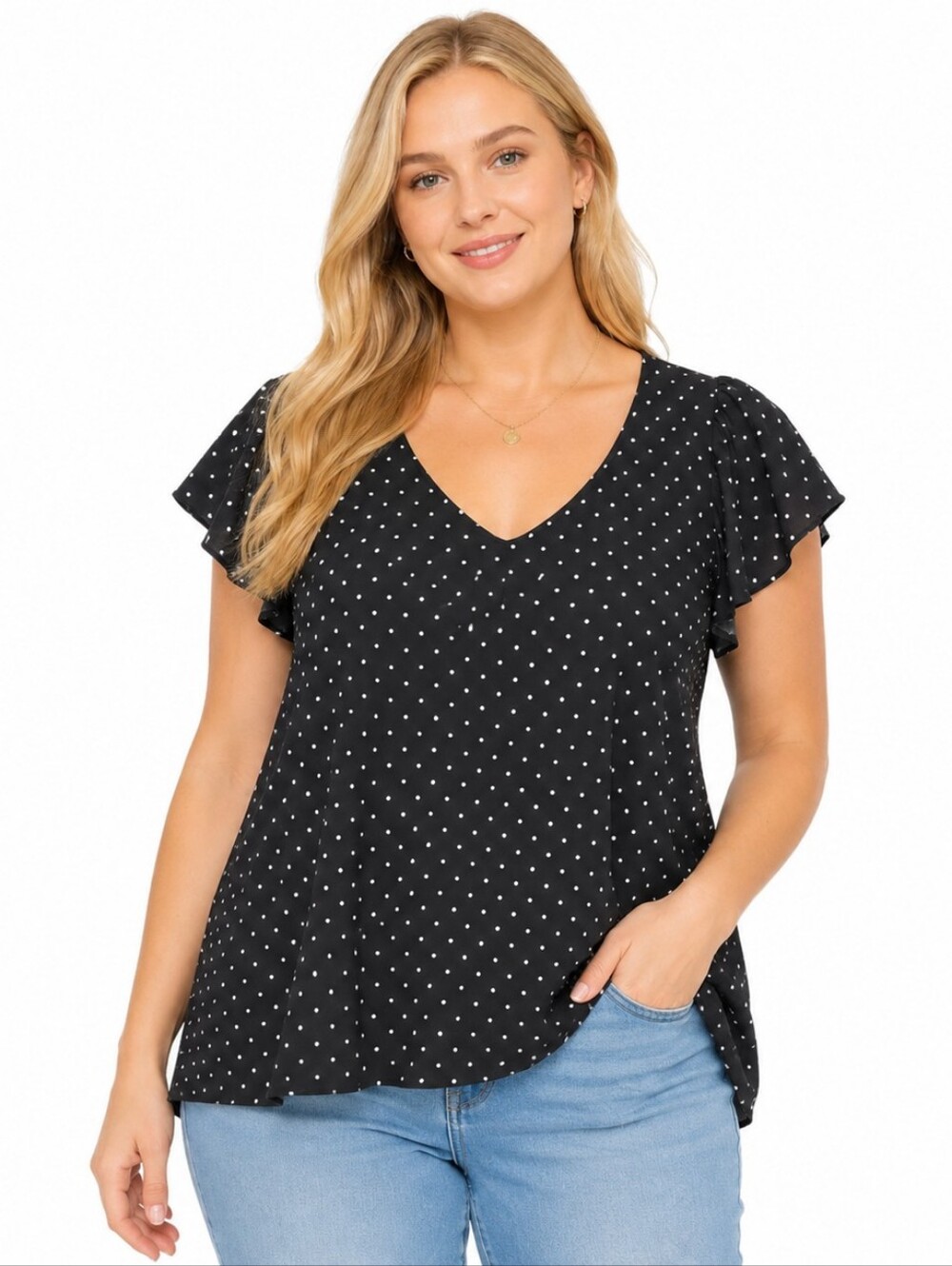 Black &‎ White Polka Dot V-Neck Flutter Short Sleeve Blouse Top XXL